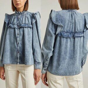 NEW Marant Etoile Long Sleeve Ruffled High Neck Idety Denim Shirt Blue Size: 6